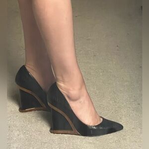 Bcbg Black and Gold Wedge Pointed-Toe Women's Heels